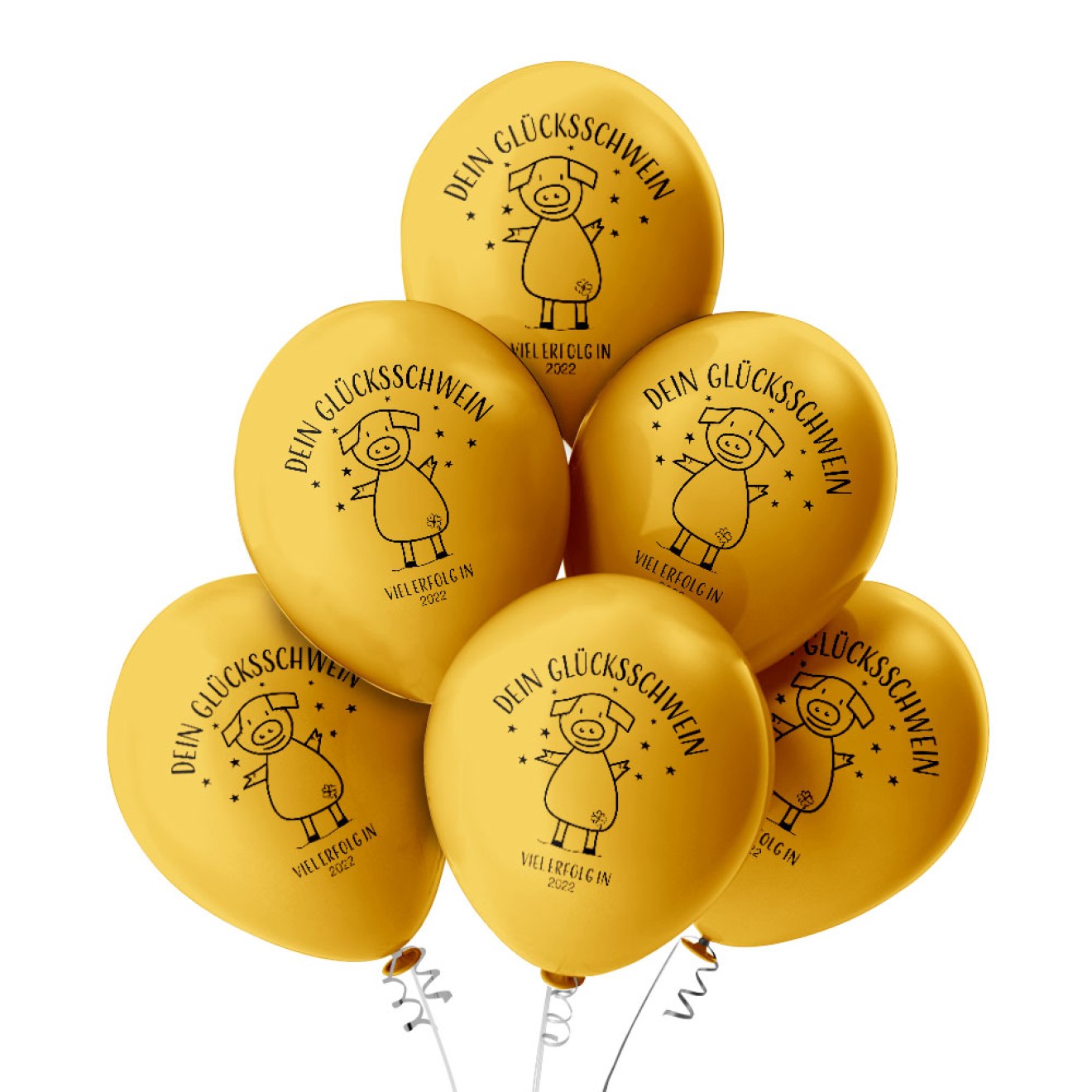 6 Luftballons Glücksschwein 2022 - Gold