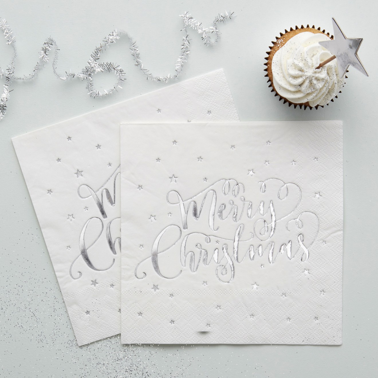 20 Paper Napkins - Foiled - Merry Christmas - Silver