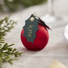 6 Place Cards - Red Bauble with Holly Leaves