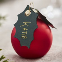 6 Place Cards - Red Bauble with Holly Leaves