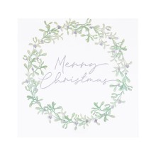 16 Paper Napkins - Merry Christmas Mistletoe Weath - Silver Foiled