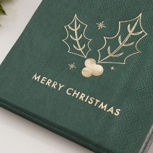 16 Paper Cocktail Napkins - Green Merry Christmas - Foiled