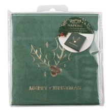 16 Paper Cocktail Napkins - Green Merry Christmas - Foiled